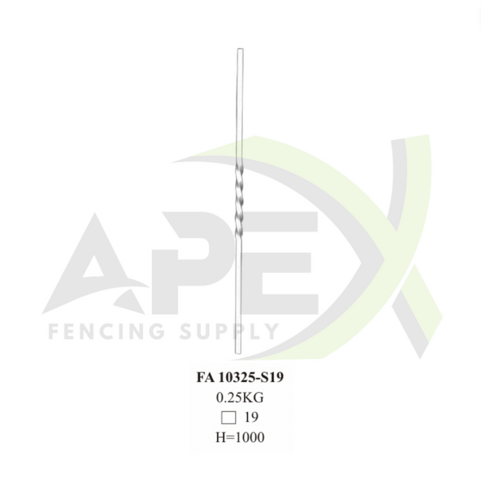 Aluminium Baluster - 19x19 Hollow Single Twist H=1000 2D3